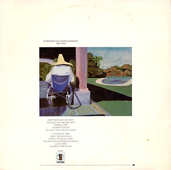 In memory of Charles Mingus, 1922–1979. Joni Mitchell, Mingus album. Artwork. (Painting representing Mingus with large strawhat, viewed from back, sitting in a wheelchair.)