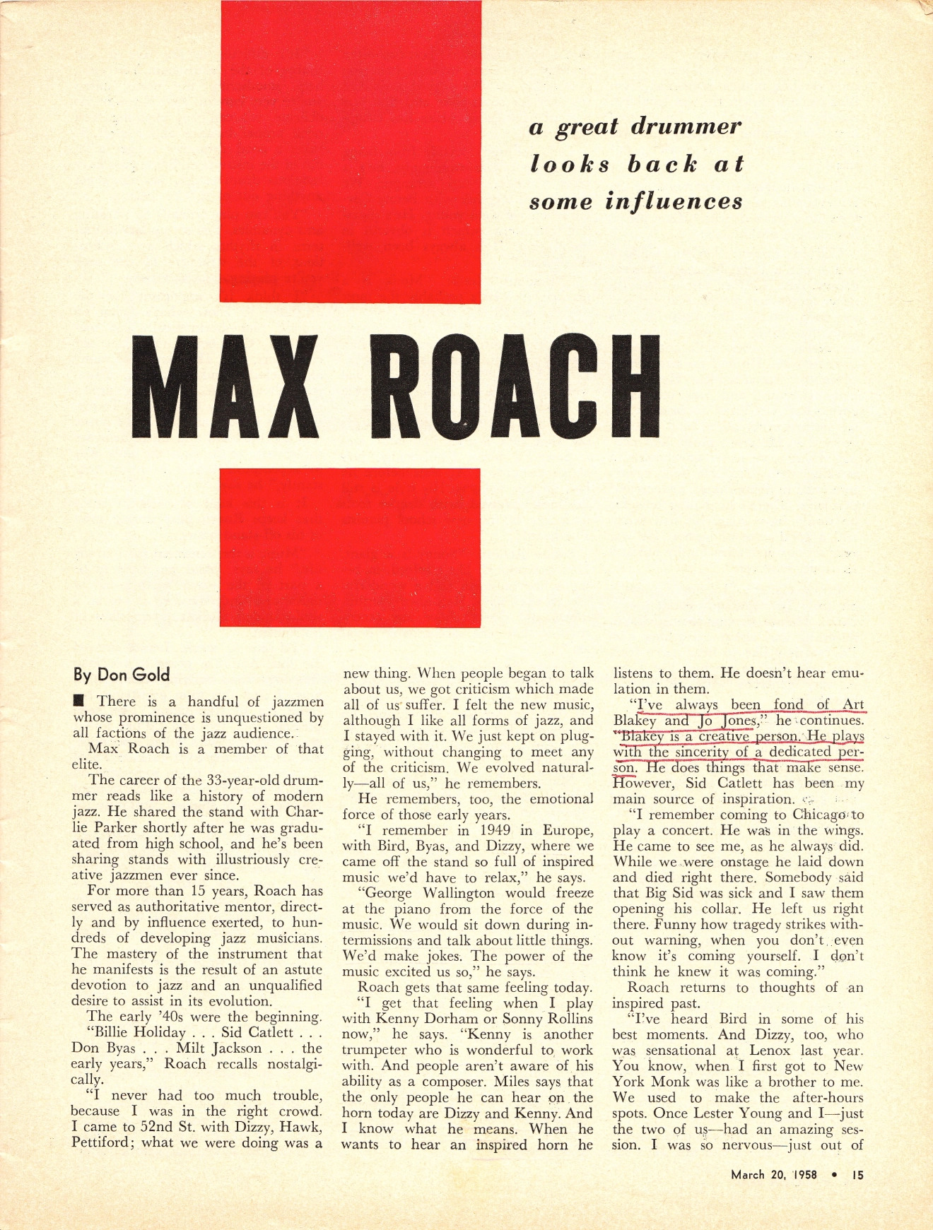 Downbeat, 20 March 1958, Max Roach interview by Don Gold, page 1