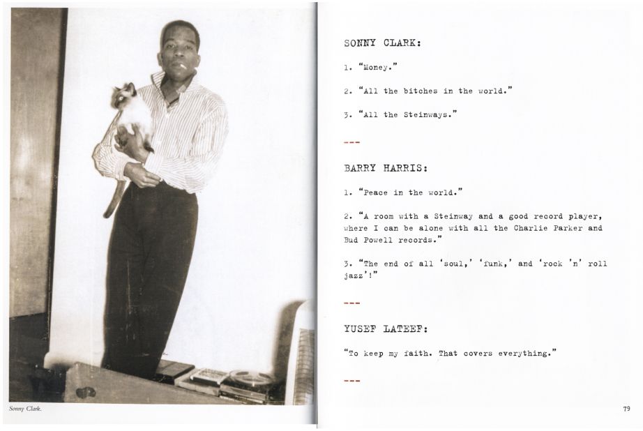 Photograph of Sonny Clark from Pannica de Koenigswarter’s book Three wishes; on the right page, his wishes together with those of Barry Harris and Yusef Lateef