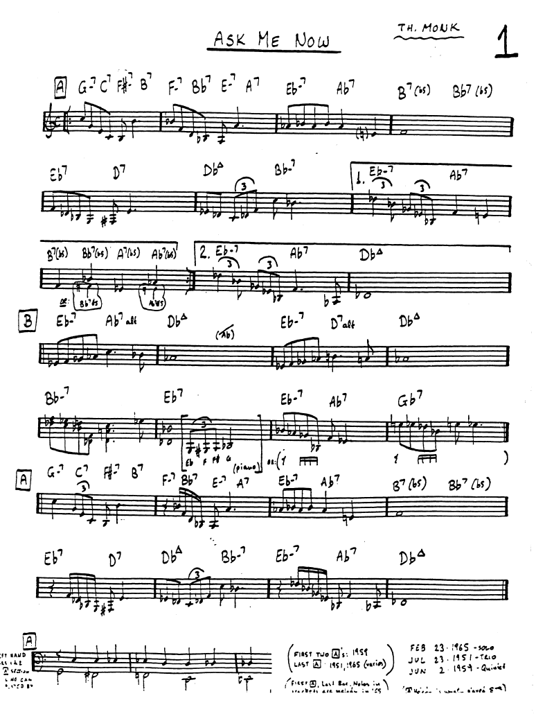 Thelonious Monk, Ask Me Now, score