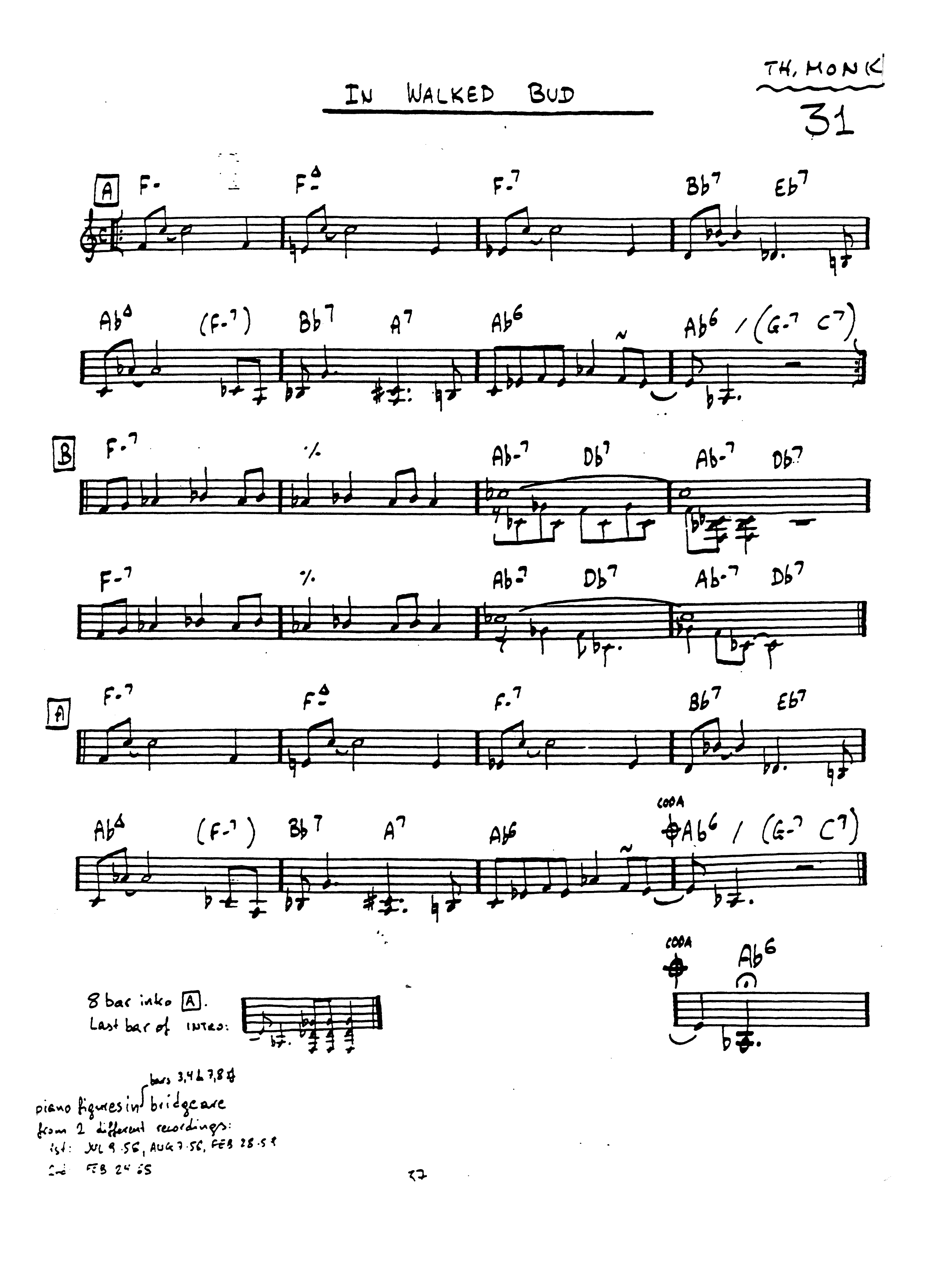 Thelonious Monk, In Walked Bud, score