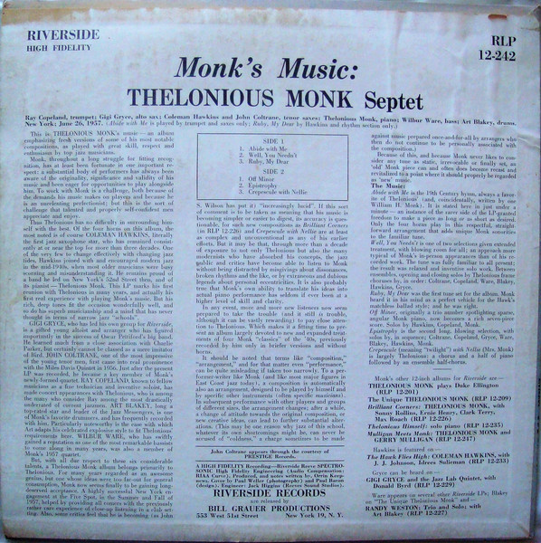 Thelonious Monk septet, Monk’s Music, back cover