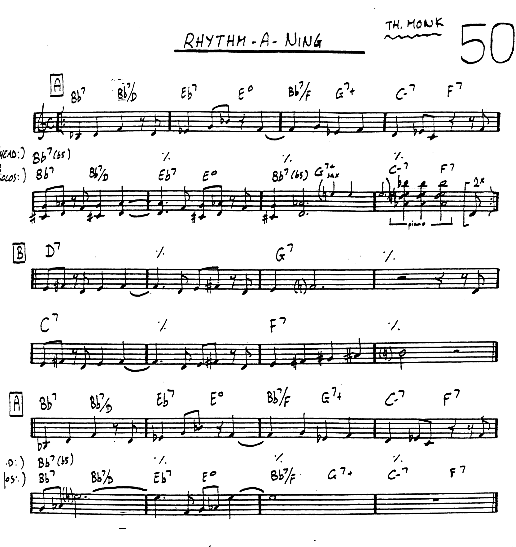 Rhythm-A-Ning, Thelonious Monk. Score