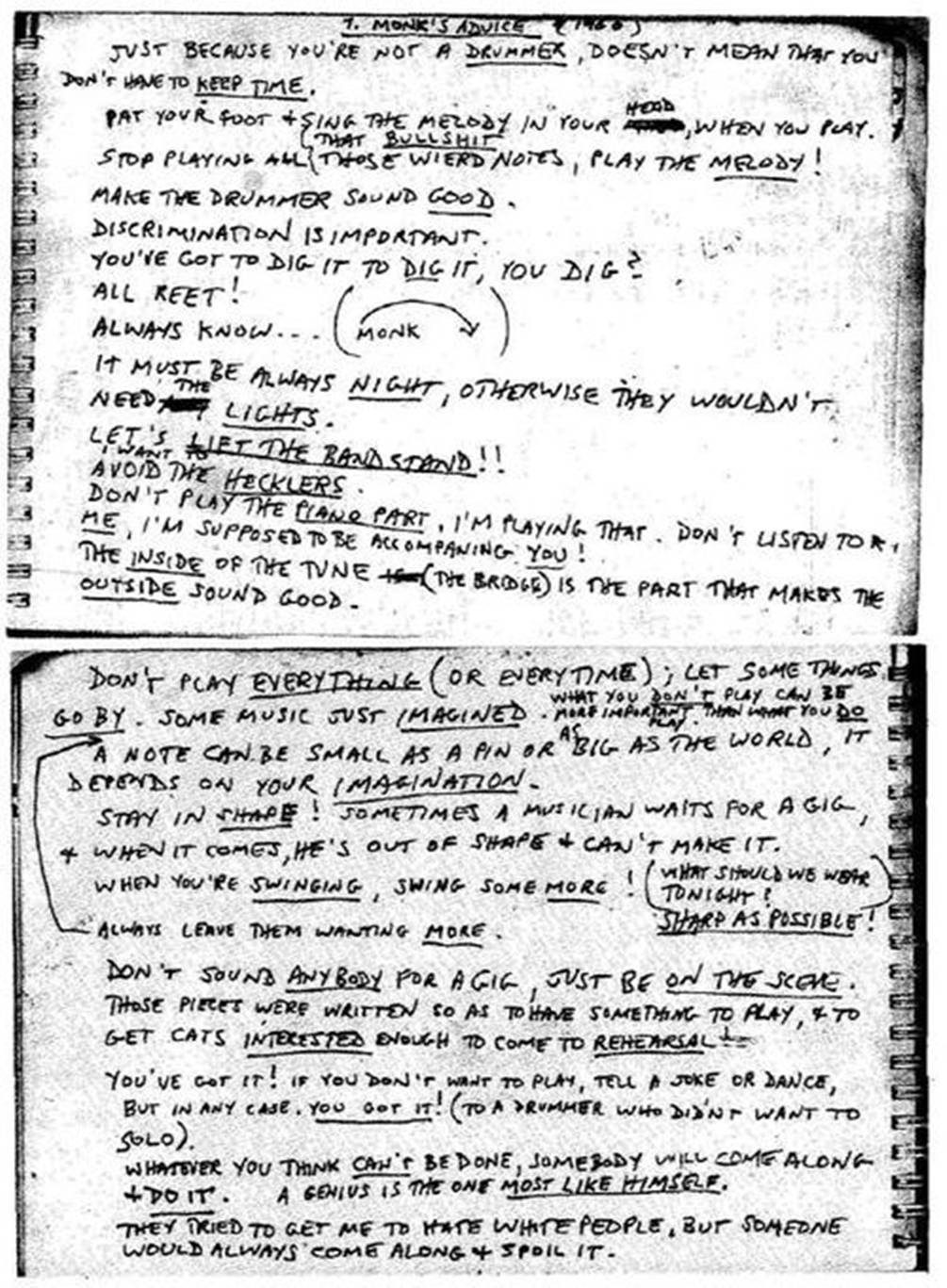 Thelonious Monk’s advices, transcribed by Steve Lacy, 1960