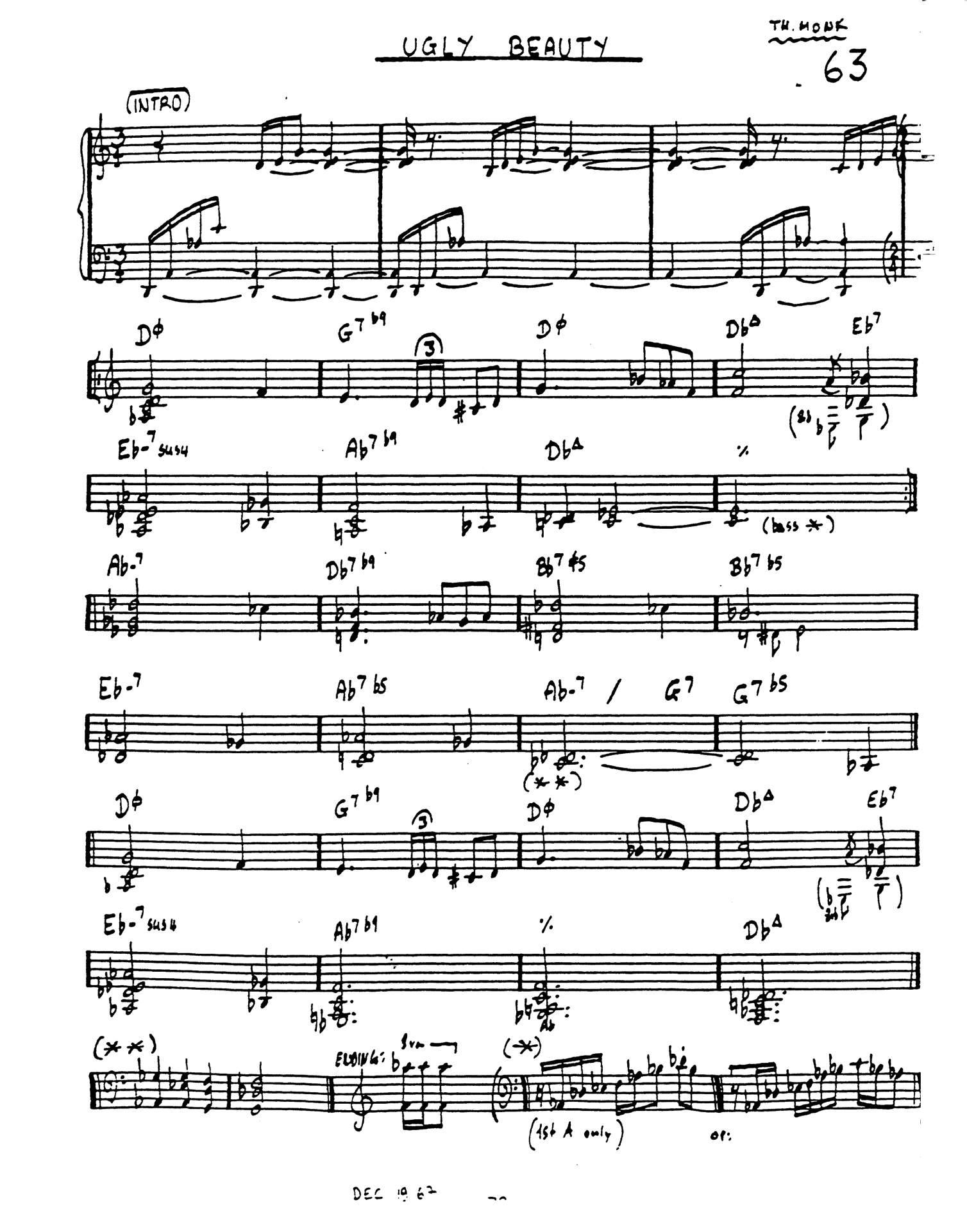 Thelonious Monk, Ugly Beauty, score