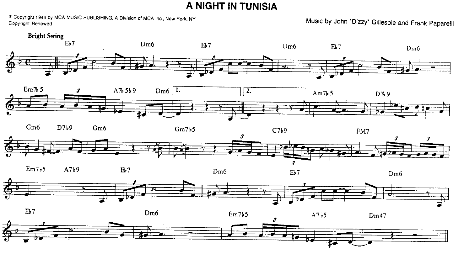 “Night in Tunisia”, Dizzy Gillespie, Frank Paparelli. Sheet music
