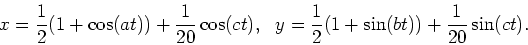 \begin{displaymath}x=\frac{1}{2}(1+\cos(at))+\frac{1}{20}\cos(ct), \ \
y=\frac{1}{2}(1+ \sin(bt))+\frac{1}{20}\sin(ct) .\end{displaymath}